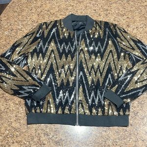 NEW GOLD SILVER BLACK SEQUIN CHEVRON LARGE FULL ZIP BOMBER JACKET